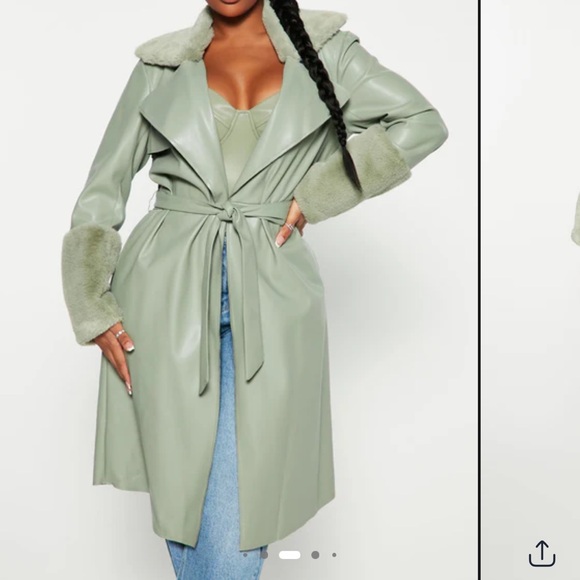 Fashion Nova Sage Green Faux Fur Trench Coat - Picture 1 of 15